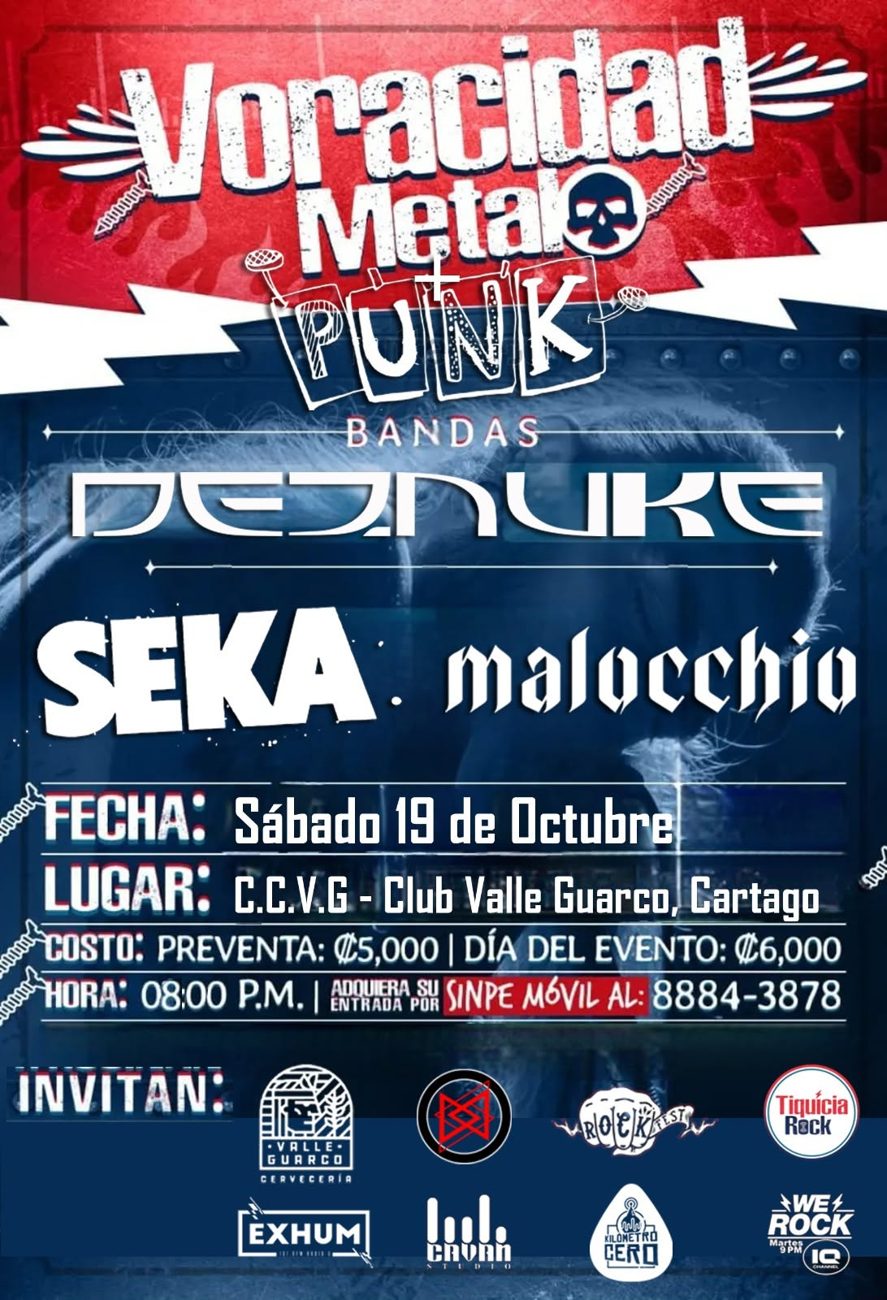Afiche de Voracidad Metal + Punk con Deznuke, Seka y Malocchio en el Club Valle Guarco